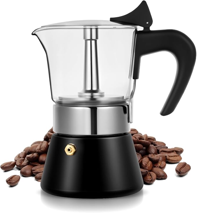 4 Cup 200ml Glass Moka Pot, Stovetop Espresso Maker, Black | Crystal Glass-top & Stainless Steel Coffee Maker, Induction Compatible, for Greca de Cafe, Cuban and Italian Coffee Brewing by Suiitat