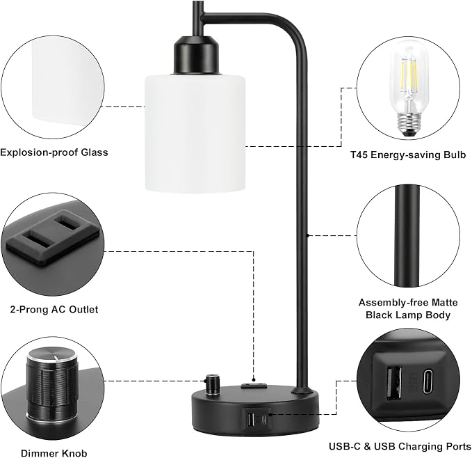 Industrial Bedroom Lamps for Nightstand Set of 2 - Fully Dimmable Bedside Lamps with USB A C Ports and Outlet, Black Table Lamps with Opal Glass Shade for Living Room, Desk Lamps for Office Reading - Image 5
