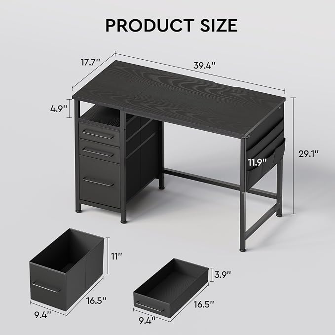 Maihail Small Desk with Drawers, Office Desk with Storage Shelves, Black | 40 Inch Desktop, Metal Frame, 3 Fabric Drawers, Storage Shelves, Computer & Writing Desk, Office Gaming Workstation - Image 3