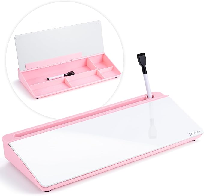 Varhomax Glass Desk Whiteboard with Storage, Desktop Organizer to-do List Memo Notepad Dry Erase White Board for Home Office and School Supplies (Pink) by Varhomax