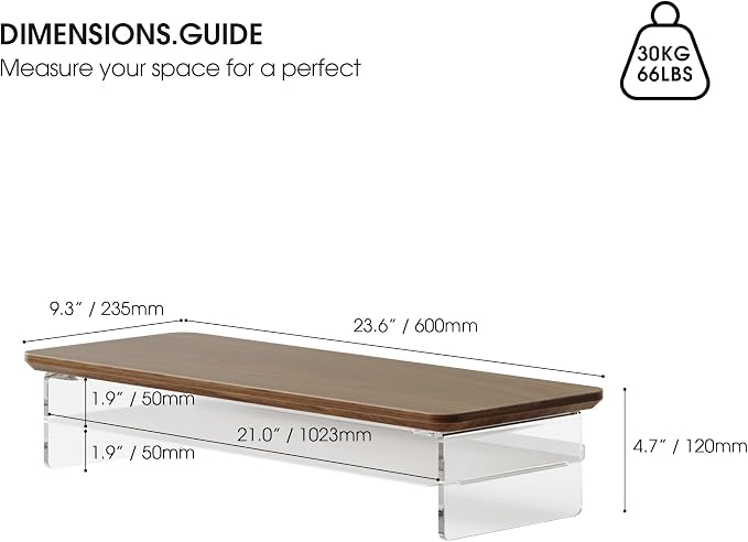 Fenge 23.6" Monitor Stand with Clear Acrylic Legs, Brown | Clear acrylic, storage compartment, 2-tier home office monitor riser, wide large desktop shelf fit monitor/laptop/printer - Image 4