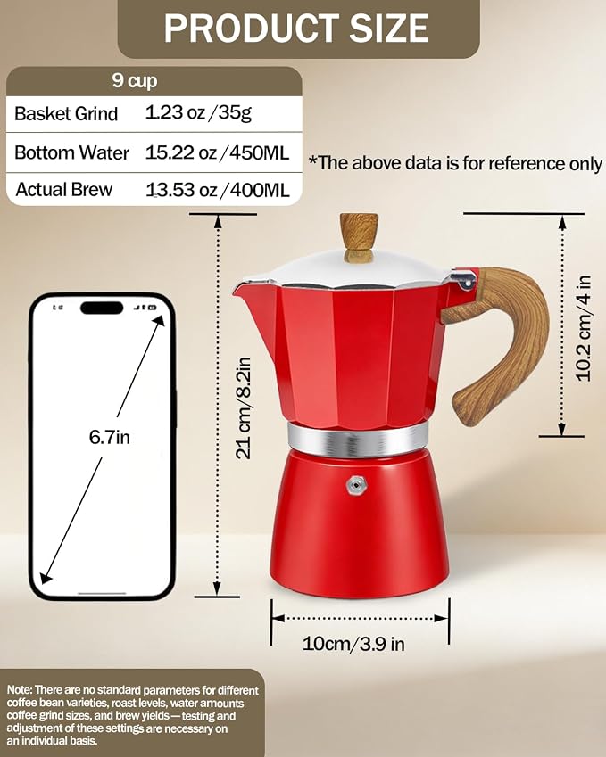 Coffee Maker Stovetop Espresso Maker 9 Cup Aluminum Moka Pot Percolator 15oz 450ml Easy Brewing for Electric Ceramic Stoves Home Camping Italian Cuban Café Classic Red - Image 2