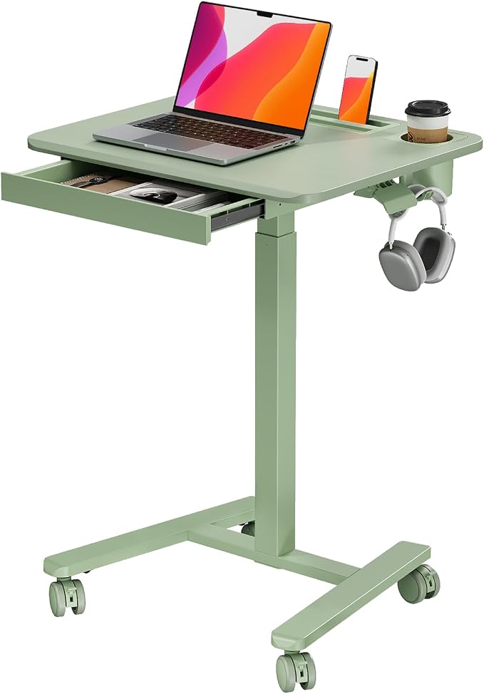 Small Mobile Standing Desk with Drawer, 23.6" x 19.7" Top | Height Adjustable Portable Laptop Desk with Wheels & Cup Holder, Sit Stand Computer Workstation for Compact Space, Sage Green by JYLHJOYSEEKER