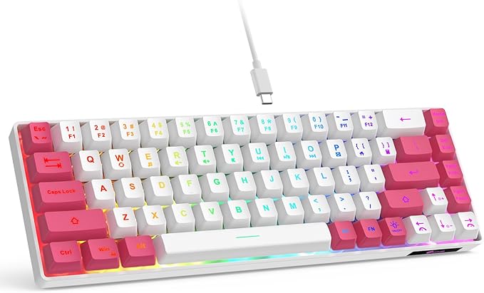 GEODMAER 65% Gaming Keyboard, LED Backlit Mini Wired Keyboard, Ultra-Compact Anti-Ghosting No-Conflict 68 Keys Membrane Gaming Wired Keyboard for PC Laptop Windows Gamer(White-Pink) by GEODMAER