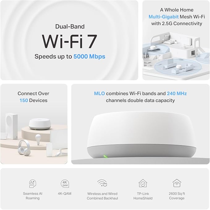 TP-Link Deco 7 BE25 Dual-Band BE5000 WiFi 7 Mesh Wi-Fi Router | 4-Stream, 240 Mhz Channels | Covers up to 2,600 Sq.Ft | 2X 2.5G Ports Wired Backhaul | VPN, MLO, HomeShield, Free Expert Help, 1-Pack - Image 3