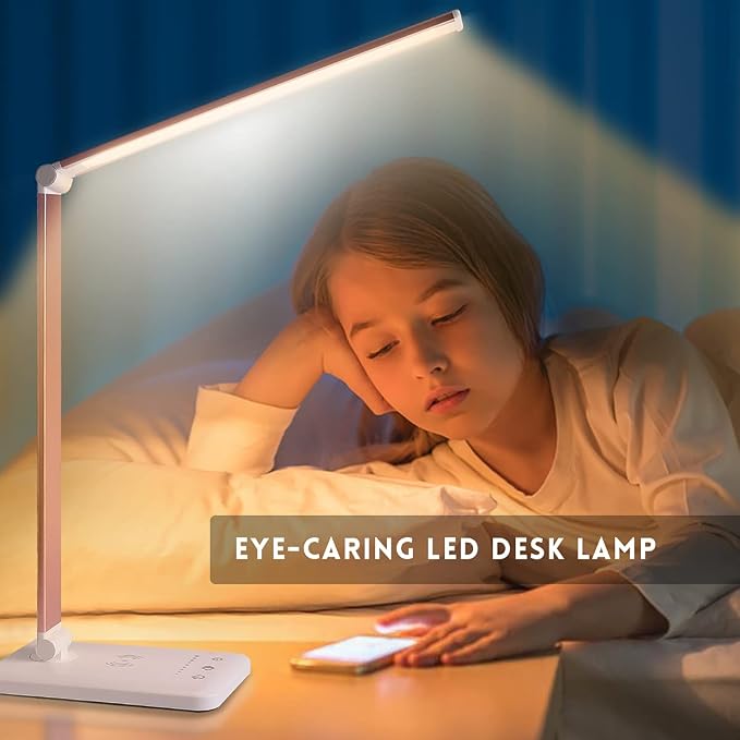 LED Desk Lamp with Wireless Charger, USB Charging Port, Desk Lighting with 10 Brightness, 5 Color Modes, Dimmable Eye Caring Reading Desk Lamps for Home Office, Touch Control, Auto Timer, Pink - Image 8
