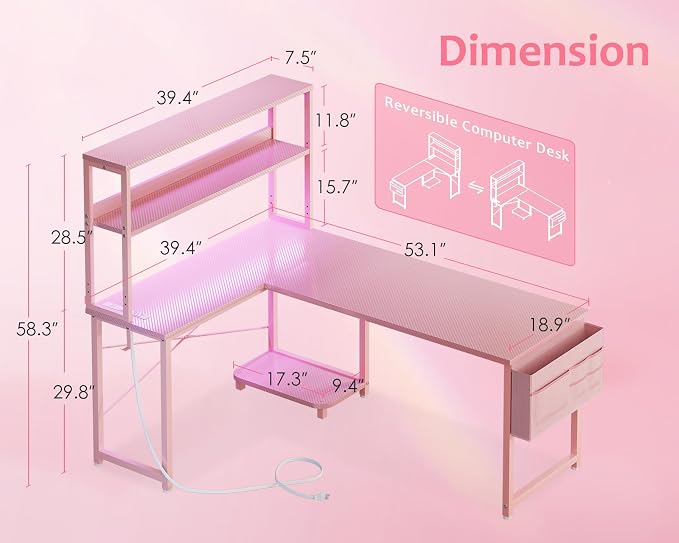 ODK 53" L Shaped Gaming Desk with Shelves, LED & Outlets, Pink | Headset hook. Storage bag. Shelves for makeup & gaming gear. LED for late-night gaming. Reversible. Fits dual monitors. - Image 3