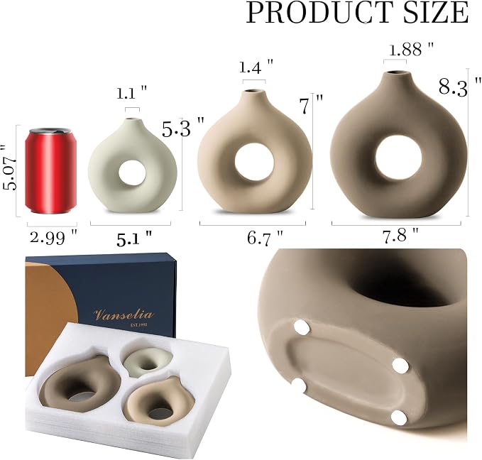 Vanselia Ceramic Vase Home Table Decor - Flower Vases Set of 3 Small Living Room Centerpiece Decorations for Shelf Bedroom Office Kitchen Dining Desk Modern Aesthetic Farmhouse Decorative (Farmhouse) - Image 3