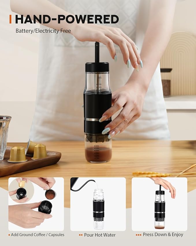 Portable Coffee Maker for Travel & Camping, Travel Lightweight Coffee Machines, Manually Operated, Compatible with Ground Coffee & NS Capsule Black (1Pcs) - Image 4