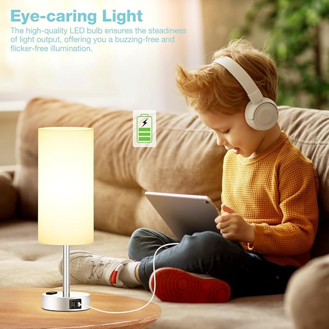 Fenmzee White Touch Bedroom Table Lamp - 3 Way Dimmable Bedside Lamp USB C A Charging Ports and AC Outlet, Small Lamp Nightstand with Silver Base for Living Room, Office Desk, LED Bulb Included - Image 4