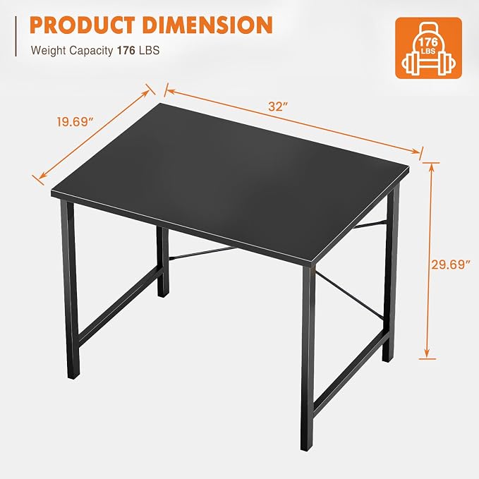 Sweetcrispy 32-Inch Small Computer Desk for Bedroom, Black | Gaming Writing Work and Study Desk for Home Office, Sturdy Metal Frame and Compact Modern Design with X-Shaped - Image 3