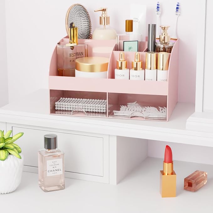 Makeup Organizer with Drawers, Cosmetic Storage for Dresser Vanity and Bathroom Countertop, Beauty Holder for Lipstick Brush, Skincare Organizer for Vanity, Cosmetic Display Case (Pink-2Pack) - Image 5