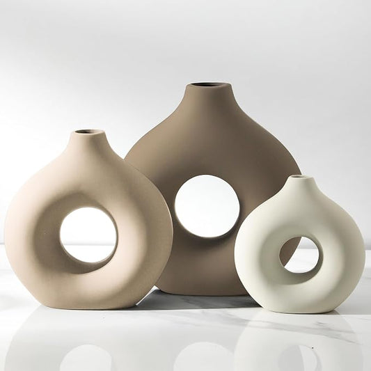 Vanselia Ceramic Vase Home Table Decor - Flower Vases Set of 3 Small Living Room Centerpiece Decorations for Shelf Bedroom Office Kitchen Dining Desk Modern Aesthetic Farmhouse Decorative (Farmhouse) by VanseliaHome