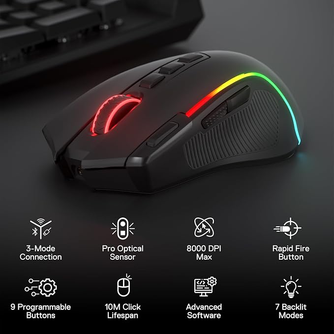 Redragon M612 Wireless RGB Optical Gaming Mouse 8000 DPI Remapping Keys | Cable-Free 0 Delay, Redefine Keybinding Macro, Vibing Backlight, Ergonomic Grip Body Comfort - Image 2