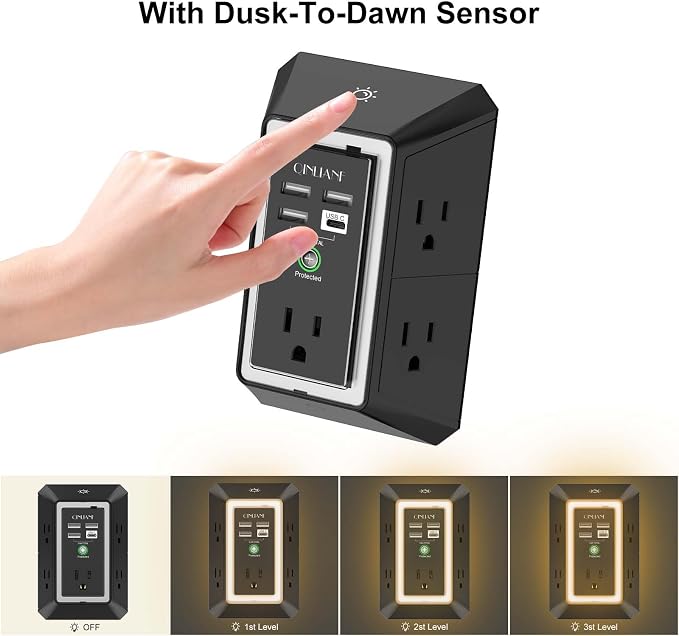 3-Sided Surge Protector Power Strip - QINLIANF Multi Plug Outlet with 5 Outlet Extender and 4 USB Ports(1 USB-C) and Night Light, USB Wall Charger for Home, Office, Travel, ETL Listed, Black - Image 5