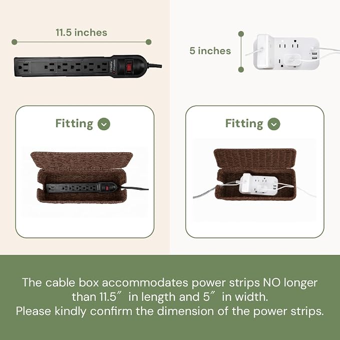 Cable Management Box, Handmade Rattan Cable Organizer with 2 Open Slots, Cord Hider for Power Strip, Router & USB Hub, Registered U.S. Design Patent (D1,112,102), 13" x 5.1" x 5.1", Brown - Image 4