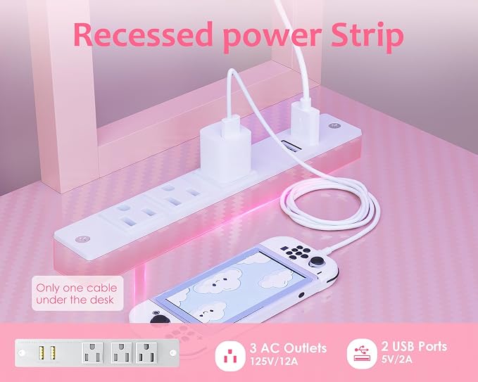 ODK 53" L Shaped Gaming Desk with Shelves, LED & Outlets, Pink | Headset hook. Storage bag. Shelves for makeup & gaming gear. LED for late-night gaming. Reversible. Fits dual monitors. - Image 6