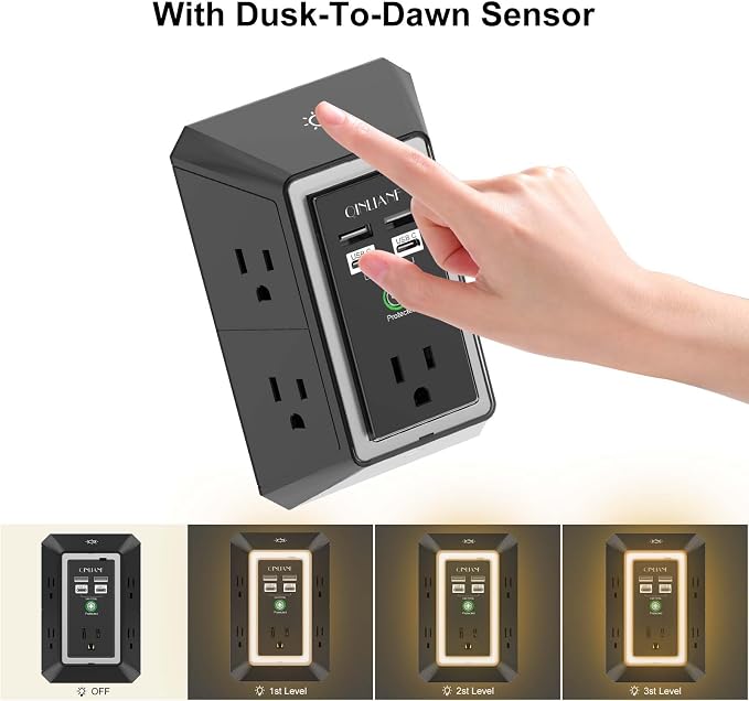 3-Sided Surge Protector Power Strip - QINLIANF Multi Plug Outlet with 5 Outlet Extender and 4 USB Ports(2 USB-C) and Night Light, USB Wall Charger for Home, Office, Travel, ETL Listed, Black - Image 5