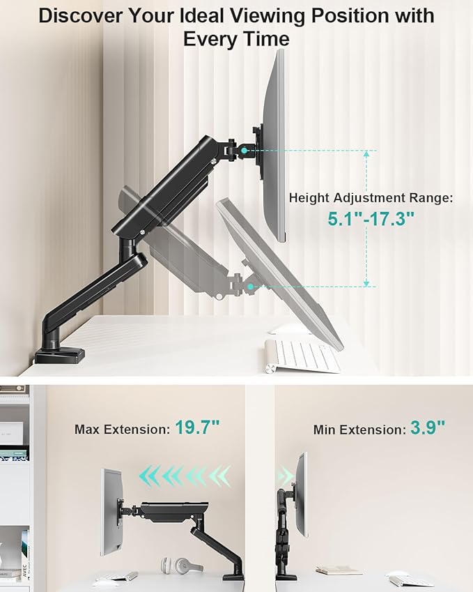 Single Monitor Desk Mount, 13-32 inch Adjustable Full Motion Monitor Arm, Computer Monitor Stand Holder with Clamp and Grommet Base, Fits 4.4 to 22lbs Screens, VESA Mount Bracket, Black, Freelift Pro - Image 5