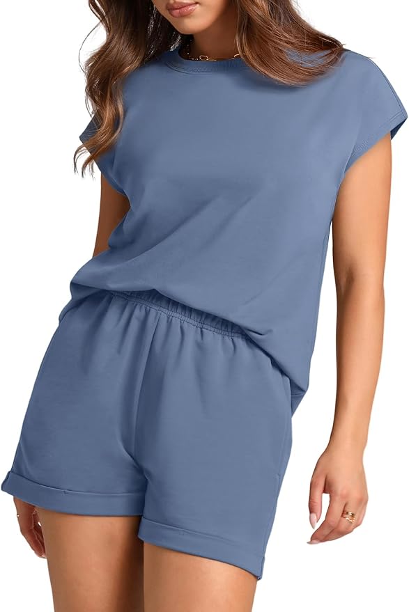 WIHOLL 2 Piece Sets for Women Casual Summer Travel Vacation Outfits Cap Sleeve Shorts Lounge Set - Image 3