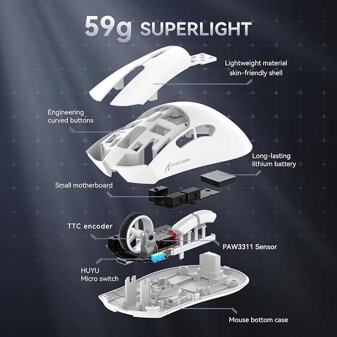 ATTACK SHARK X68HE 60% Wired RT 8K Keyboard+Wireless R1 Mouse-White Contour | Adjustable Actuation,Hall Effect Mechanical Magnetic Switch,Coiled Cable,USB C/2.4Ghz/BT Ultralight 18K DPI Mice for PC Gamer - Image 9