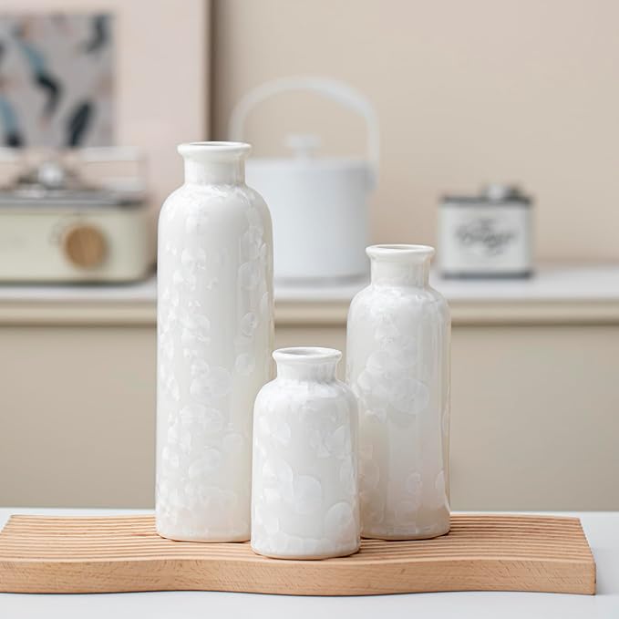 Modern Ceramic Vase Set of 3, White Crystalline Glaze Colors, Decorative Bottles for Home, Farmhouse Rustic Decor Housewarming Gifts, Wedding Gifts, Birthday Gifts for Women(Crystalline Glaze White) - Image 4