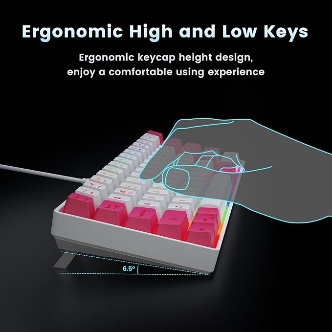 GEODMAER 65% Gaming Keyboard, LED Backlit Mini Wired Keyboard, Ultra-Compact Anti-Ghosting No-Conflict 68 Keys Membrane Gaming Wired Keyboard for PC Laptop Windows Gamer(White-Pink) - Image 6