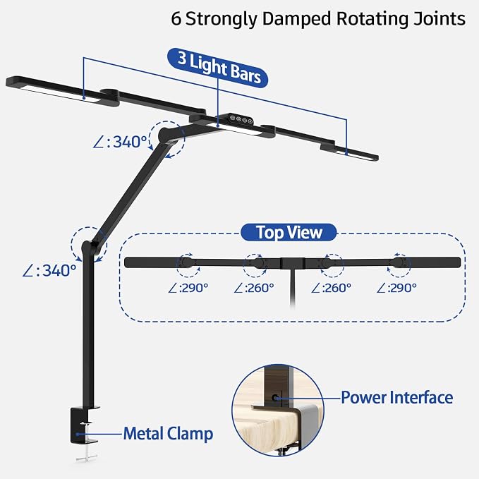 EPABINA Transformable LED Desk Lamp, 41.5" Large Architect Desk Lamp with Clamp, 3 Light Bars Desk Light for Home Office, 24W Auto Dimming Office Lighting Table Light for L Shaped Desk - Image 3