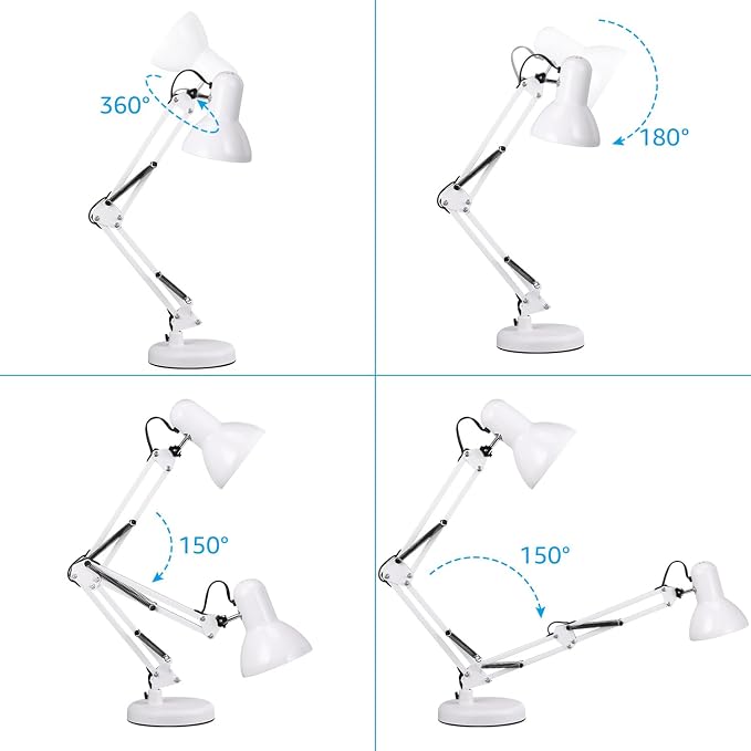 TORCHSTAR Metal Desk Lamp, Adjustable Swing Arm, E26, White | Architect Gooseneck Multi-Joint Clip Table Lamp with Plastic Clamp, for Home Office, Work, Study, Reading, Bulbs not Included - Image 5