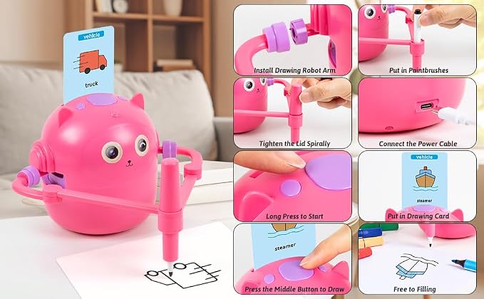 TREEFIA Drawing Robot for Kids, Drawing Robot for Kids 6 7 8 9 10 11 12 Year Old, Doodle Bot Toy with 100 Drawing Cards & 16 Color Pens for Girls and Boys - Image 9