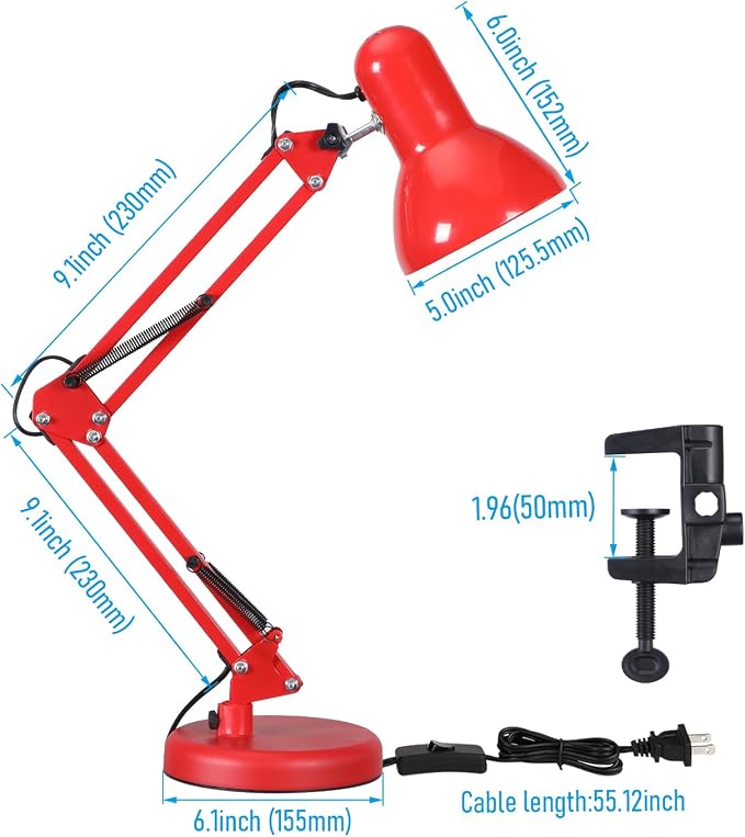 TORCHSTAR Metal Desk Lamp, Adjustable Swing Arm, E26, Red | Architect Gooseneck Multi-Joint Clip Table Lamp with Plastic Clamp, for Home Office, Work, Study, Reading, Bulbs not Included - Image 6