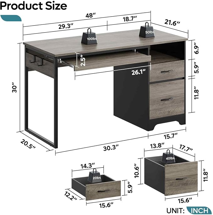 Bestier 48” Computer Desk with Drawers, Office Desk with Storage, Industrial Wood Writing Desk with File Drawer, Keyboard Tray & 2 Hooks for Home Office & Studio, Gray - Image 3