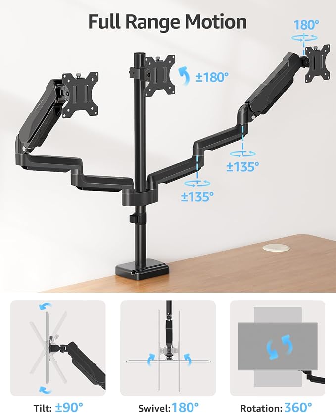 MOUNTUP Triple Monitor Stand Mount - 3 Monitors Desk Mount for Computer Screens Up to 27 inch, Triple Monitor Arm, Heavy Duty Monitors Stand, Each Arm Holds 4.4-19.8 lbs, Black - Image 4