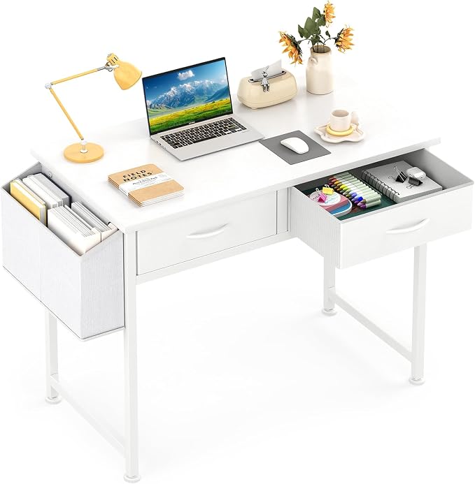 CAIYUN Small White Desk with Fabric Drawers for Bedroom, 31 Inch Home Office Desk with Side Pocket and Hook for Small Space, Makeup Vanity Desks Kid’s Desks to Writing Made of Wood and Metal, White by CAIYUN
