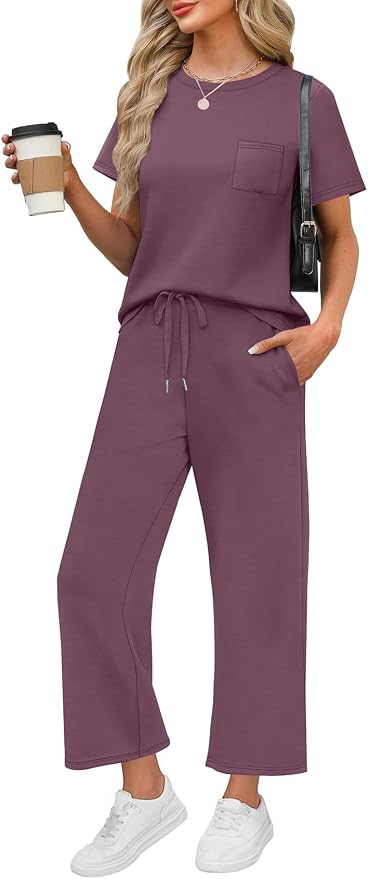 WIHOLL 2 Piece Sets for Women Casual Summer Travel Vacation Outfits Short Sleeve Wide Leg Crop Pants Lounge Sets by WIHOLL