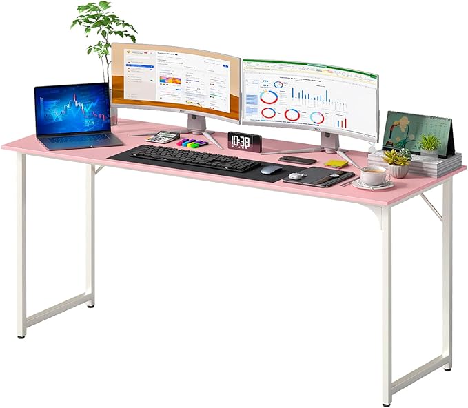 PayLessHere | 63 Inch Computer Desk | Pink | Office Desk with Metal Frame, Adjustable Feet | Water-Resistant, Scratchproof Surface | Sturdy Writing Table for Home Office or Study | Pack of 1 by PayLessHere