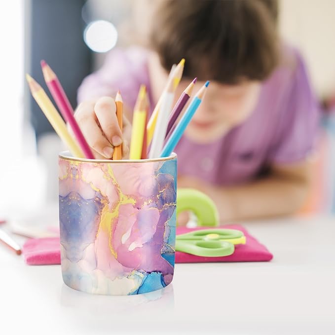 Cute Desk Pens Holder, Pencil Cup Holder for Desk, Ceramic Desktop Storage Pen Pencil Organizers Stationery Supplies for Office, Home, Gold Pattern - Image 3