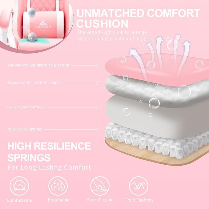 Gaming Chair,Ergonomic Massage Office Desk Chair with Footrest,Pink | Pocket Spring Cushion,Reclining,Thick High Back,Headrest and Lumbar Support,Adjustable Leather Computer Chair Gamer Chair - Image 4