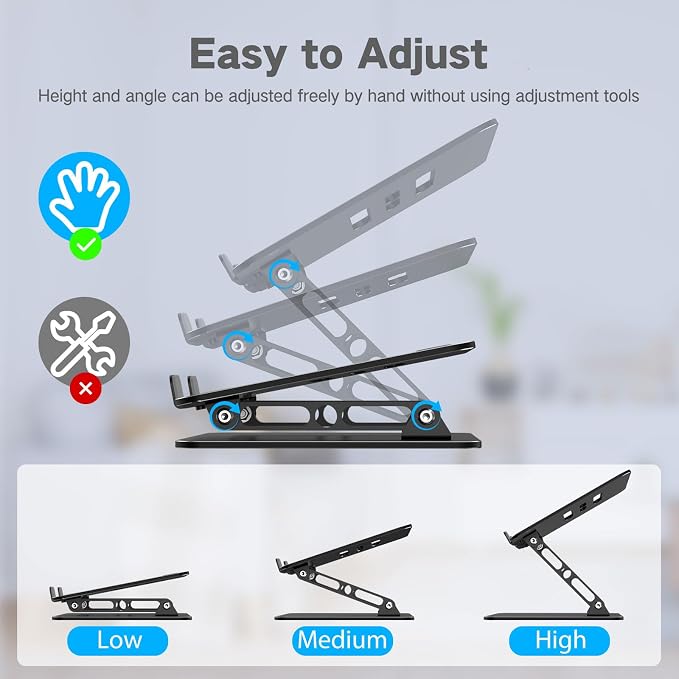Adjustable Laptop Stand for Desk, Metal Laptop Riser Holder | Portable Desktop Book Stands, Foldable Ventilated Cooling Computer Notebook Stand Compatible with 10-15.6” Laptops, Tablets - Image 3