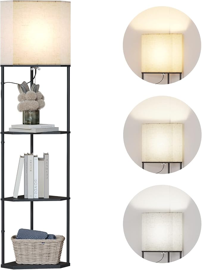 SUNMORY Sector Corner Shelf Lamp 3 Color Temperatures LED Bulb,Corner Lamps with Linen Lampshade, Floor Lamps for Living Room, Bedroom, Study, Black Standing Lamp with Shelves - Image 8
