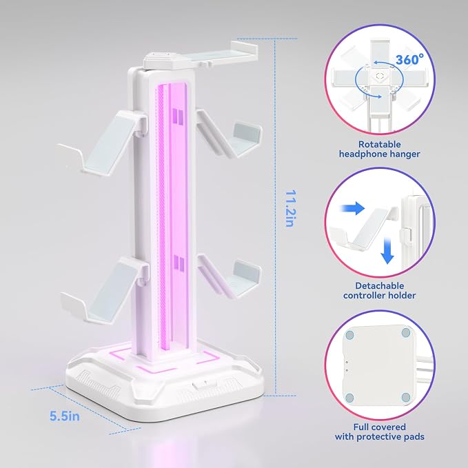 KDD RGB Headset Stand with 9 Light Modes - Controller Holder for Desk - Rotatable Headphone Stand & Detachable Controller Hook for PC Earphone Accessories(White) - Image 6