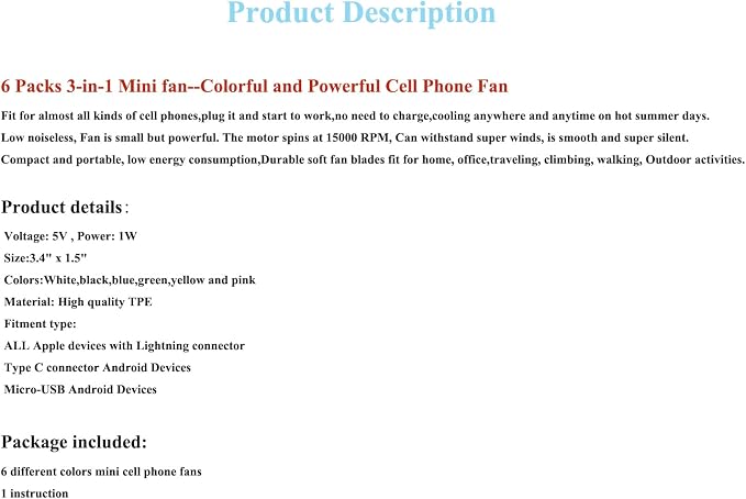 A plus Mini Cell Phone Fan 3-in-1 Mobile Phone Fans Compatible with iPhone/iPad/Android Smartphone/Tablet Fit for Micro USB/Type C/Lightning Port Fan Colorful and Powerful Fans(6-Pack) - Image 5