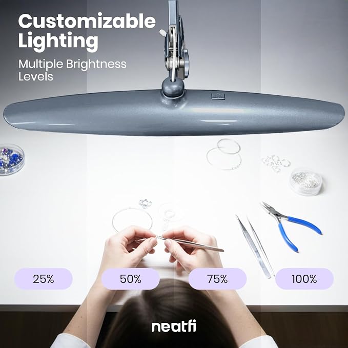 Neatfi XL 2200 Lumens 24W LED Desk Lamp – Shadow-Free Task Lighting | 4-Level Dimming | Home Office & Crafts Use | 20-Inch Wide Head (Gray, Non-CCT with Clamp) - Image 8