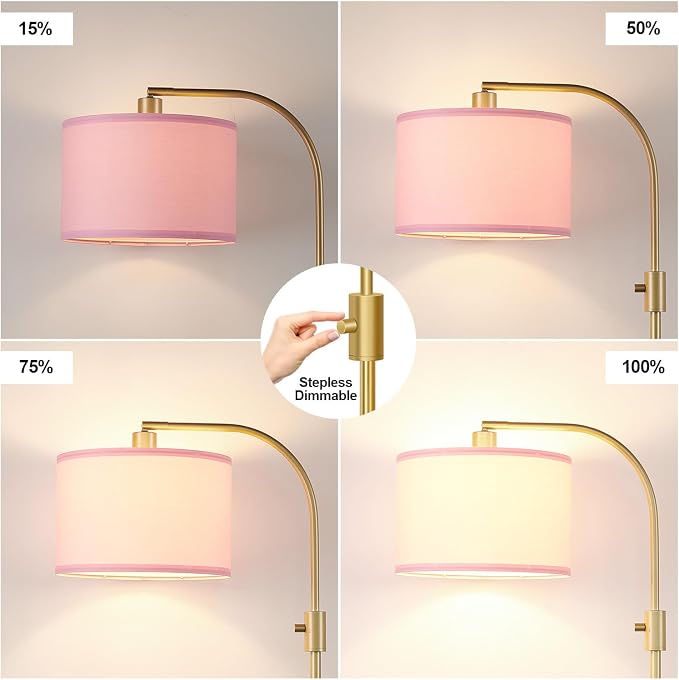 Nintiue Dimmable Floor Lamp, 1200 Lumens LED Edison Bulb Included, Arc Gold Floor Lamps for Living Room Modern Standing Lamp with Pink Linen Shade - Image 3