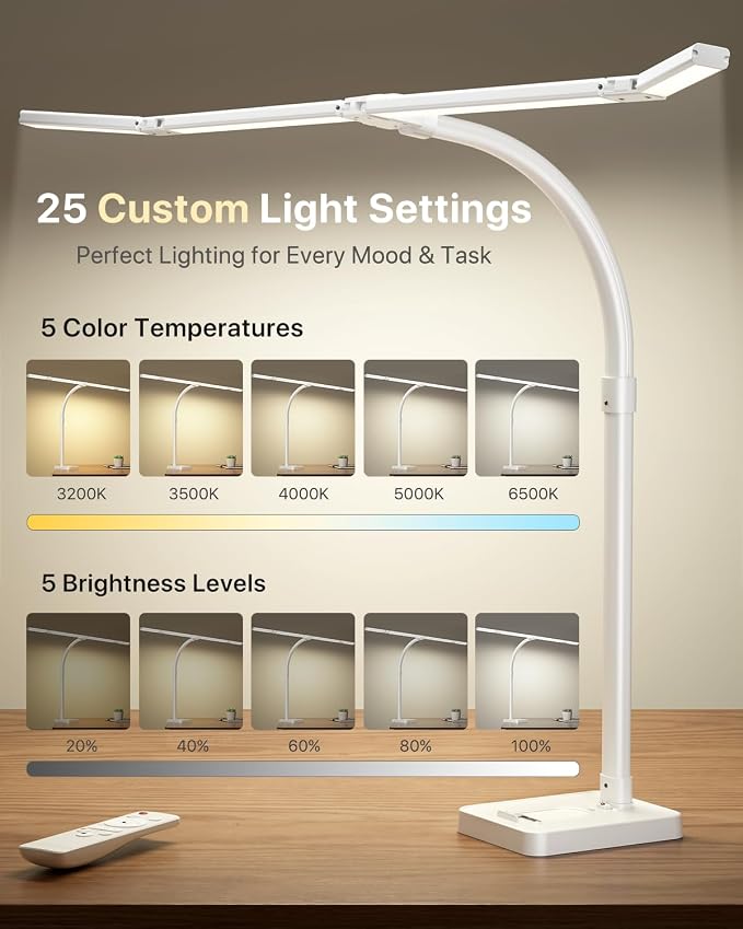 ONEMIX 42" LED Desk Lamp for Home Office, Eye-Caring Desk Light with Adjustable 4-Segment Bar, 1800LM Bright, Remote, Architect Table Lamp with Base for Dual Monitors, Reading, Study, Workbench(White) - Image 8