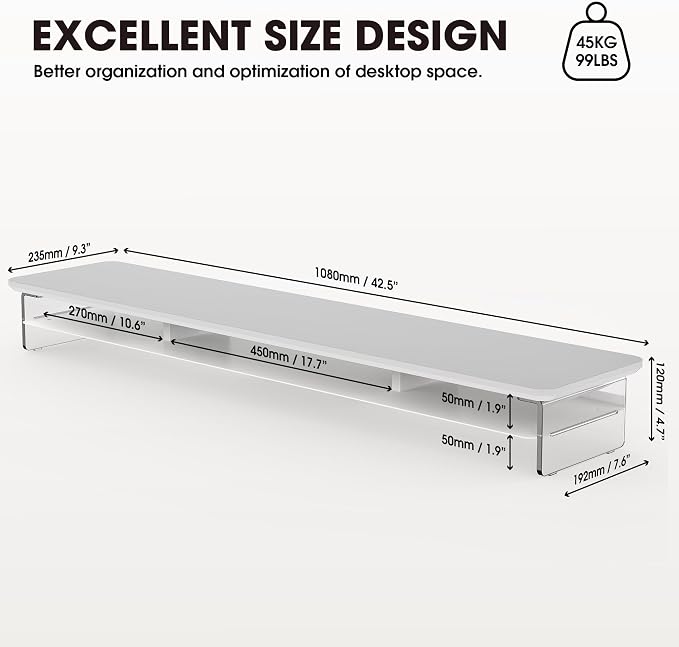 Fenge 42.5" Dual Monitor Stand with Clear Acrylic Legs, White | Clear acrylic, storage compartment, 2-tier home office monitor riser, wide large desktop shelf fit monitor/laptop/printer - Image 4