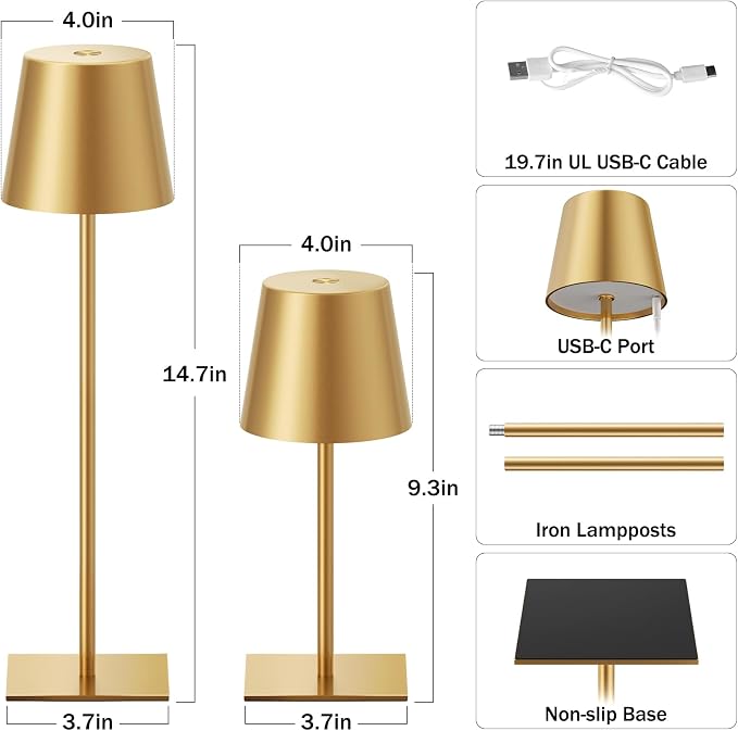 Gold Cordless Rechargeable Table Lamp, 2 Pack Portable Desk Lamp with 5000mAh Battery, Touch Control Stepless Dimming, Wireless Night Light for Dining, Outdoor Camping, Coffee Shop, Water Repellent | 5000mAh, Touch Control, 3 Color Modes Stepless Dimmi... - Image 3