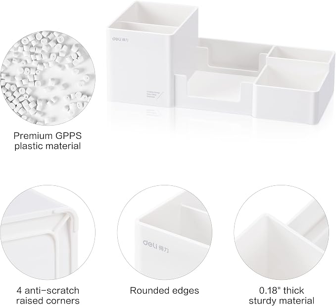 deli Desk Organizer, Plastic Desktop Organizer with Pencil Holder and Sticky Note Tray, Office Stationery Supplies Organizers Accessories Caddy, 6 Compartments, White - Image 4