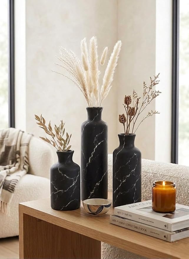Creative Scents Black Marble Look 3pc Vase Set – Boho Vases for Decor, Modern Vases for Holding Pampas Grass, Dried/Fresh Flowers, Vases for Living Room - Kitchen, Bedroom, Office, Shelf Decor - Image 2
