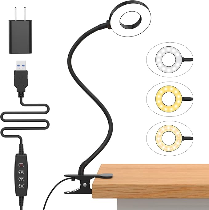 iZELL Desk Lamp, [3 Color Modes & 10 Brightness] LED Reading Light with Clamp, Silicone Flexible Arm Book Light for Kids Reading Book in Bed at Night Clip on Table, Headboard, Dorm - 15.8‘’ Black by iZell
